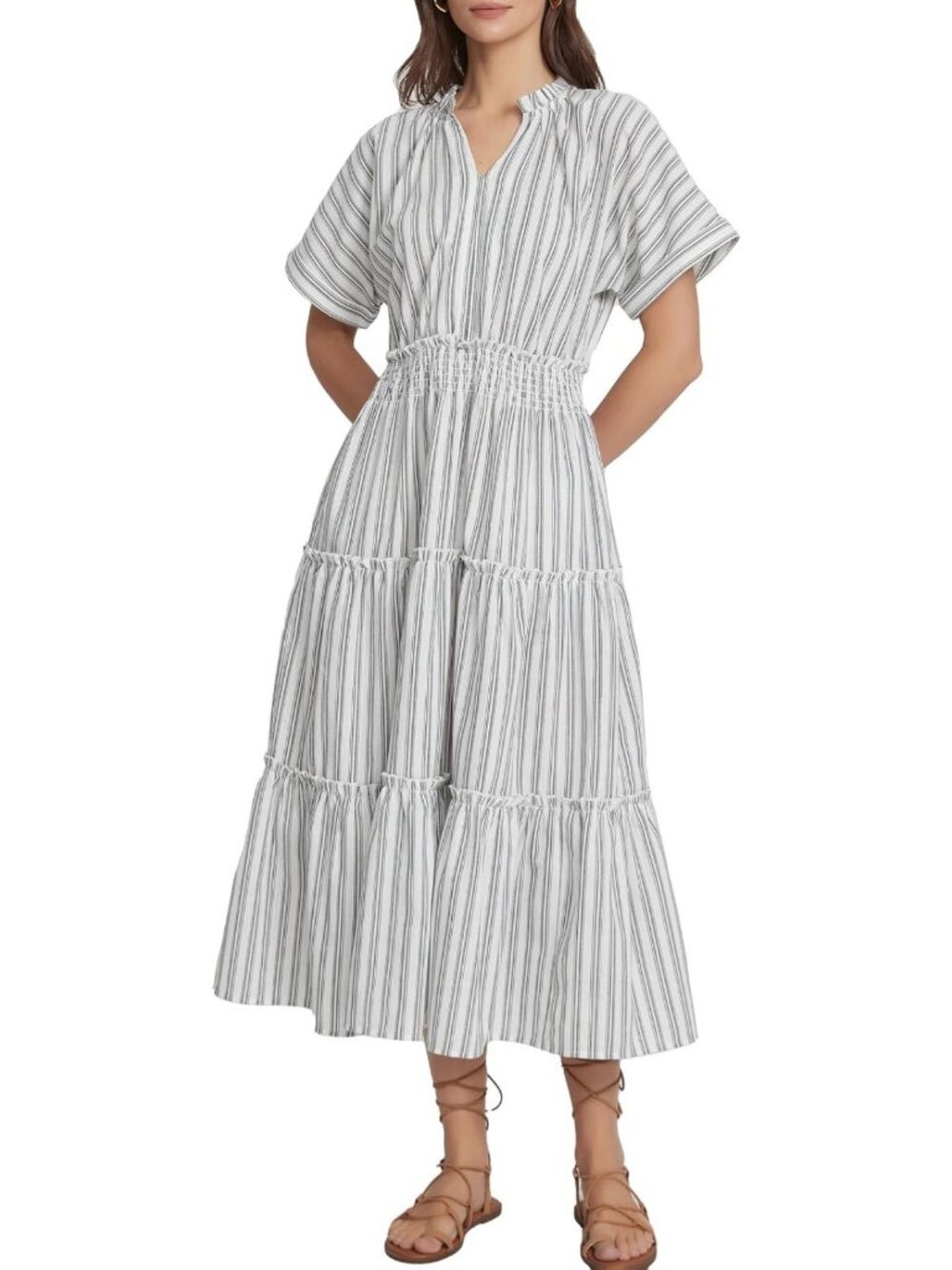 Ladyful Women's Striped Midi Dress Casual Smocked Waist Tiered Fall Dresses
